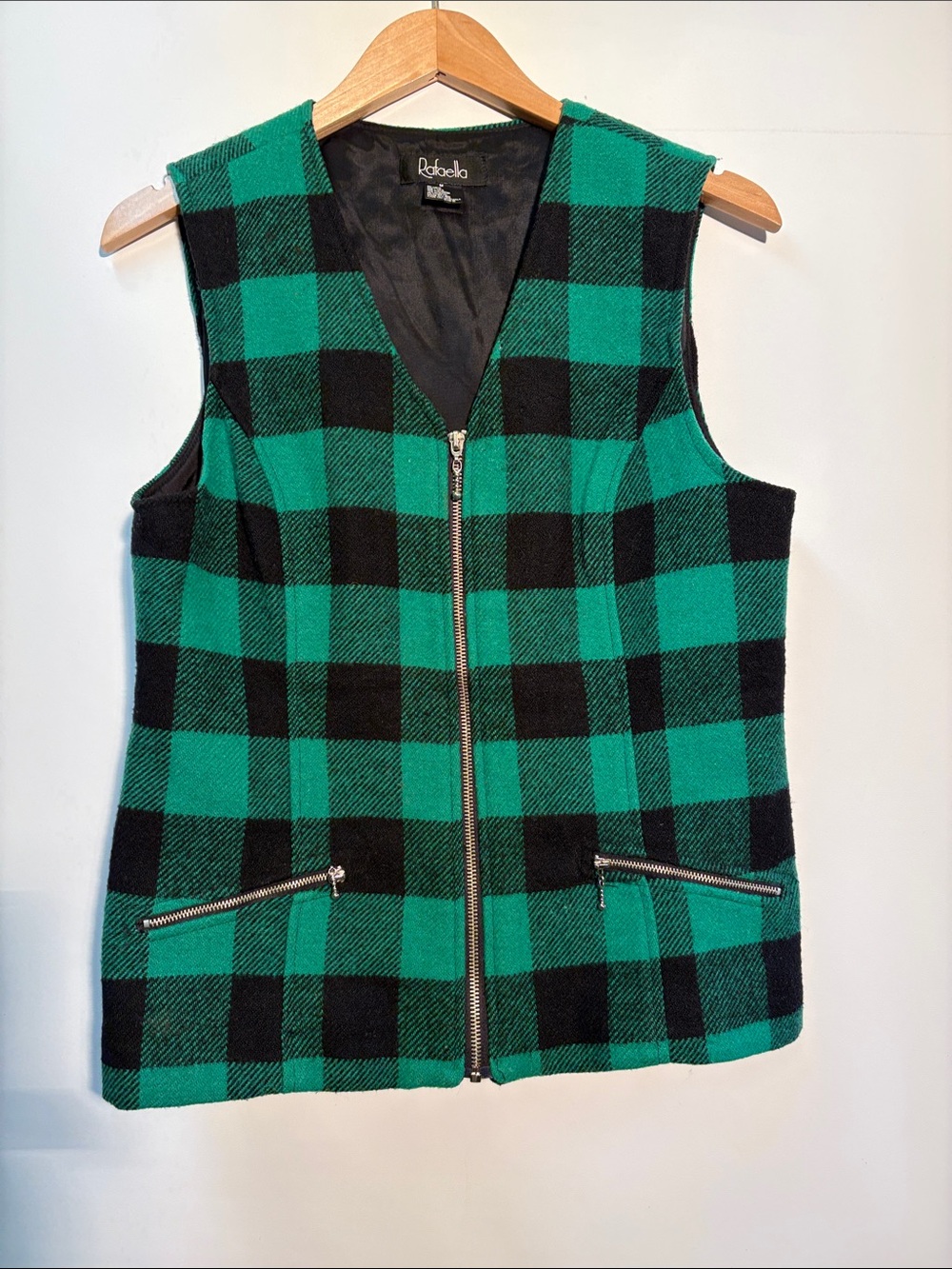 Rafaella Wool Blend Green and Black Buffalo Plaid Zip Vest